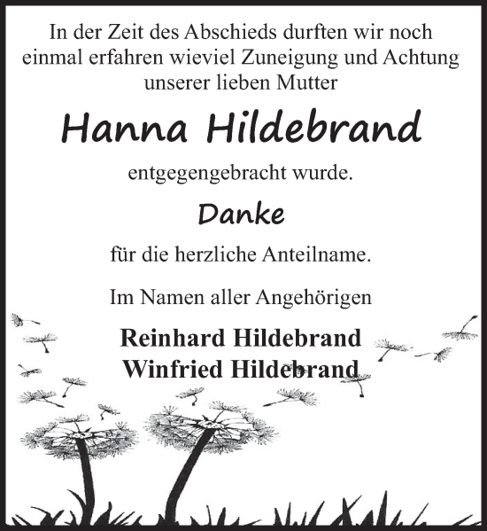 Traueranzeige von Hanna Hildebrand von Deister- und Weserzeitung
