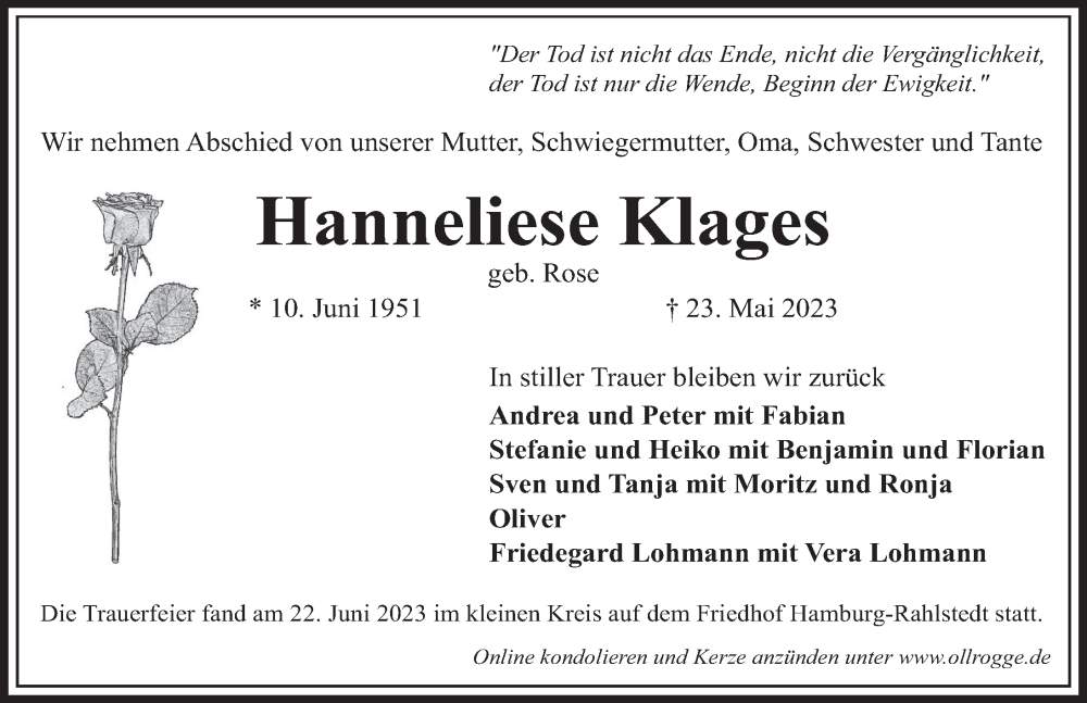  Traueranzeige für Hanneliese Klages vom 08.07.2023 aus Deister- und Weserzeitung