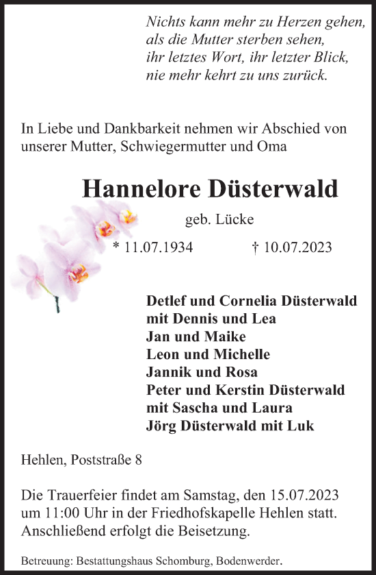 Traueranzeige von Hannelore Düsterwald von Deister- und Weserzeitung