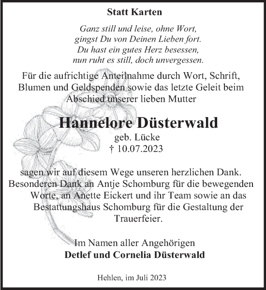 Traueranzeige von Hannelore Düsterwald von Deister- und Weserzeitung
