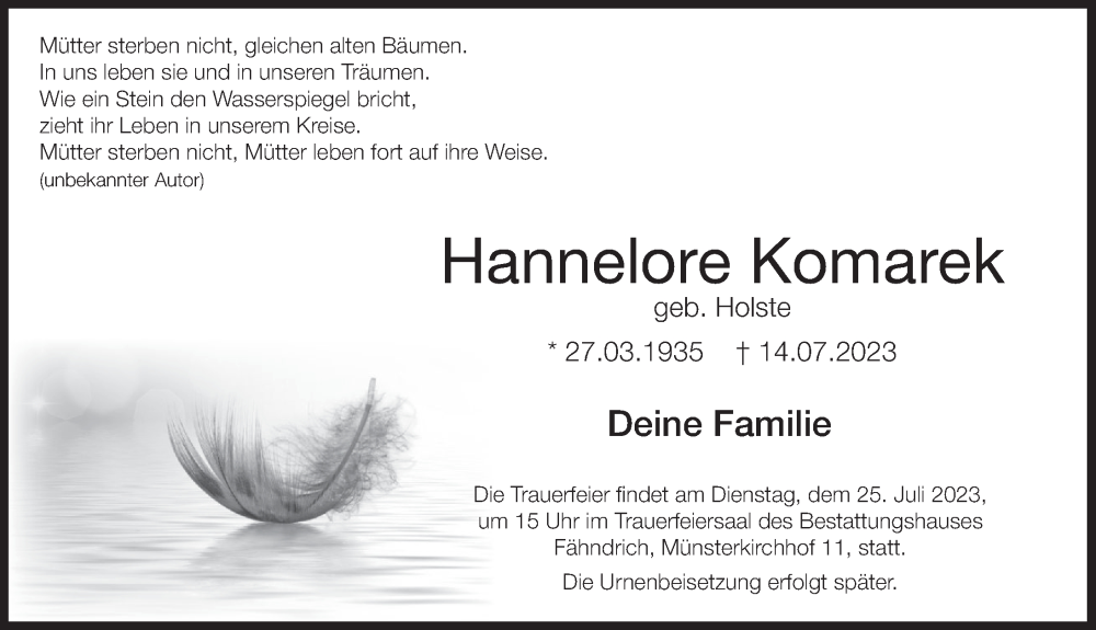 Traueranzeige für Hannelore Komarek vom 22.07.2023 aus Deister- und Weserzeitung