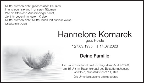 Traueranzeige von Hannelore Komarek von Deister- und Weserzeitung