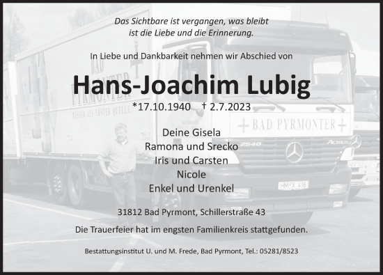 Traueranzeige von Hans-Joachim Lubig von Deister- und Weserzeitung