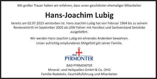 Traueranzeige von Hans-Joachim Lubig von Deister- und Weserzeitung