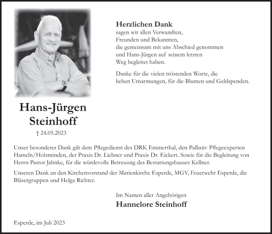 Traueranzeige von Hans-Jürgen Steinhoff von Deister- und Weserzeitung