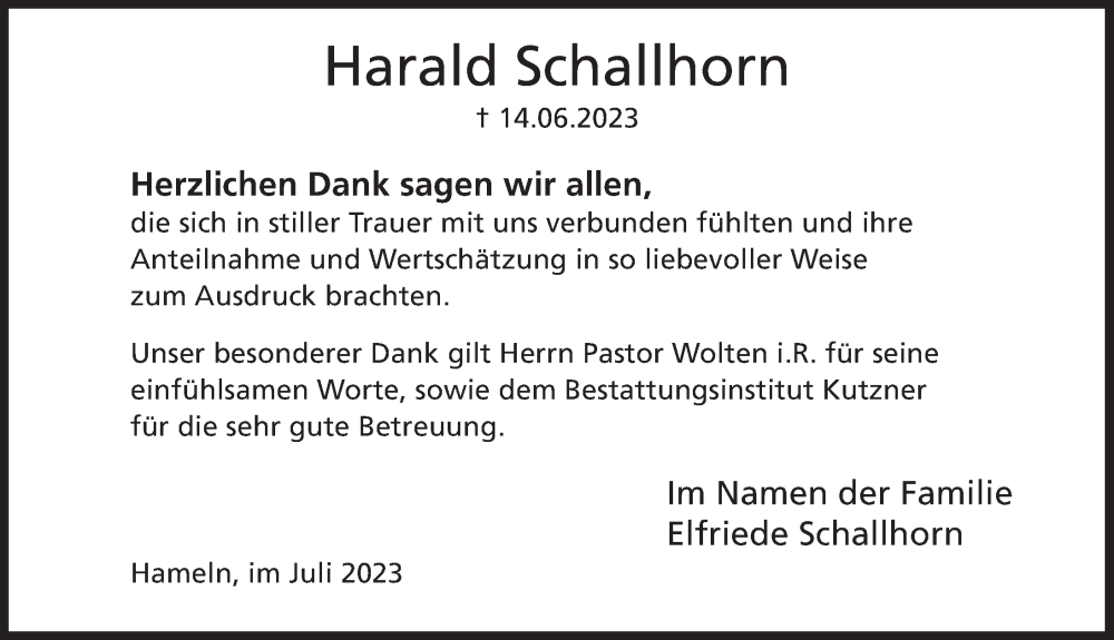  Traueranzeige für Harald Schallhorn vom 13.07.2023 aus Deister- und Weserzeitung