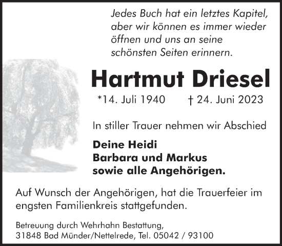 Traueranzeige von Hartmut Driesel von Neue Deister-Zeitung