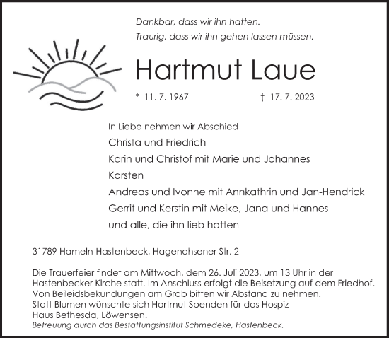 Traueranzeige von Hartmut Laue von Deister- und Weserzeitung