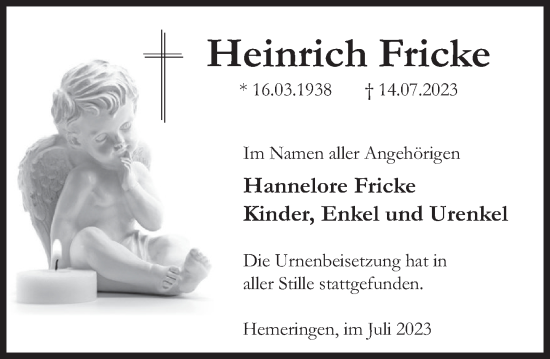 Traueranzeige von Heinrich Fricke von Deister- und Weserzeitung
