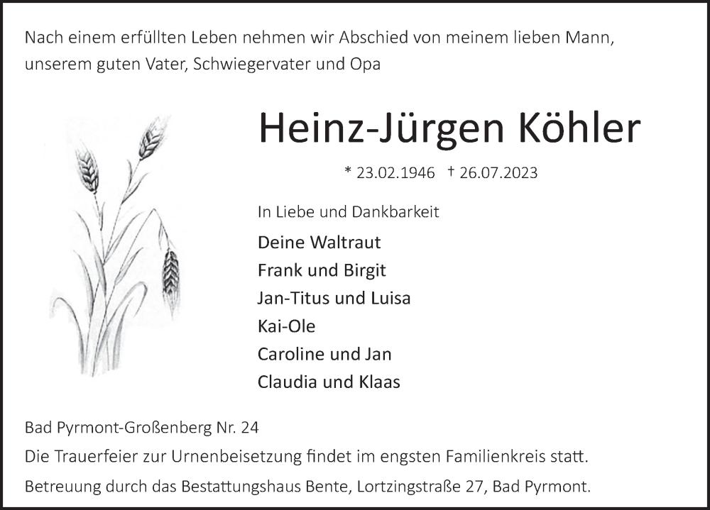  Traueranzeige für Heinz-Jürgen Köhler vom 29.07.2023 aus Deister- und Weserzeitung