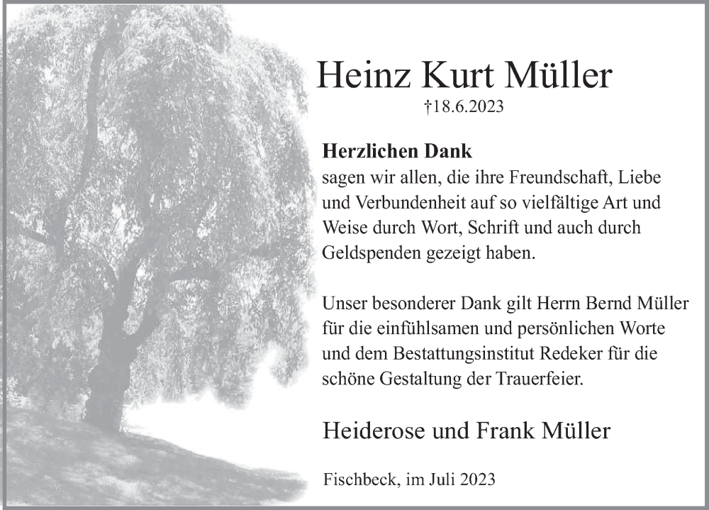  Traueranzeige für Heinz Kurt Müller vom 22.07.2023 aus Deister- und Weserzeitung