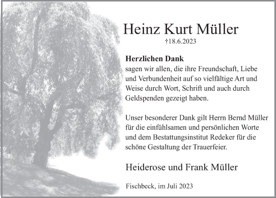 Traueranzeige von Heinz Kurt Müller von Deister- und Weserzeitung