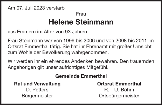 Traueranzeige von Helene Steinmann von Deister- und Weserzeitung