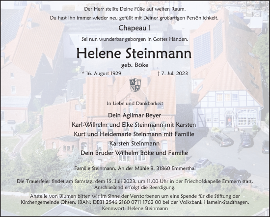 Traueranzeige von Helene Steinmann von Deister- und Weserzeitung