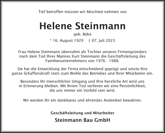 Traueranzeige von Helene Steinmann von Deister- und Weserzeitung