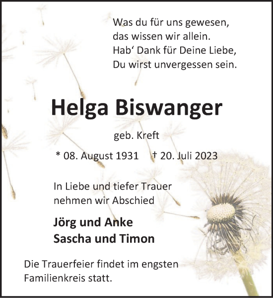 Traueranzeige von Helga Biswanger von Deister- und Weserzeitung