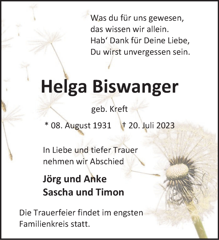  Traueranzeige für Helga Biswanger vom 29.07.2023 aus Deister- und Weserzeitung