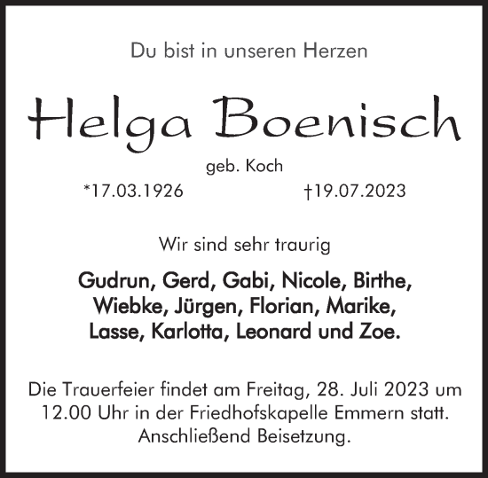 Traueranzeige von Helga Boenisch von Deister- und Weserzeitung
