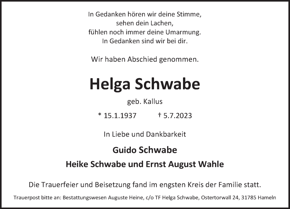  Traueranzeige für Helga Schwabe vom 22.07.2023 aus Deister- und Weserzeitung