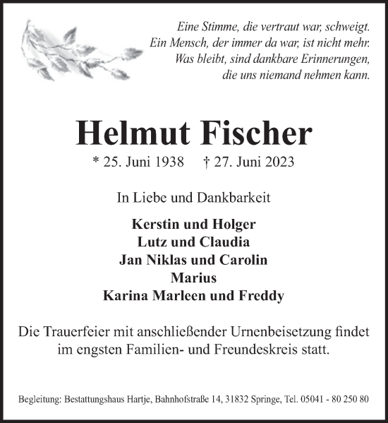 Traueranzeige von Helmut Fischer von Neue Deister-Zeitung