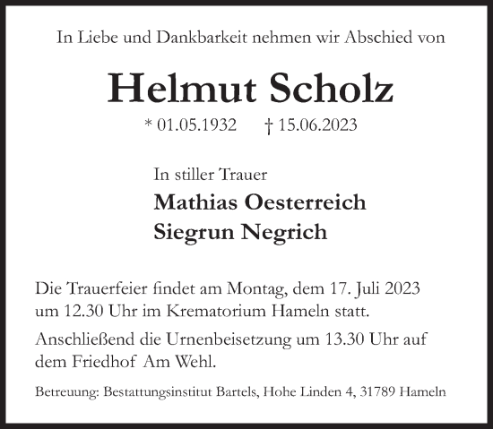Traueranzeige von Helmut Scholz von Deister- und Weserzeitung