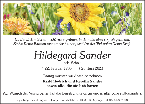 Traueranzeige von Hildegard Sander von Neue Deister-Zeitung