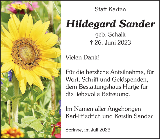 Traueranzeige von Hildegard Sander