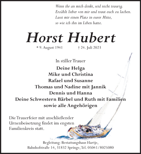 Traueranzeige von Horst Hubert von Neue Deister-Zeitung
