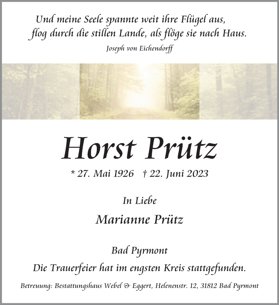  Traueranzeige für Horst Prütz vom 01.07.2023 aus Deister- und Weserzeitung