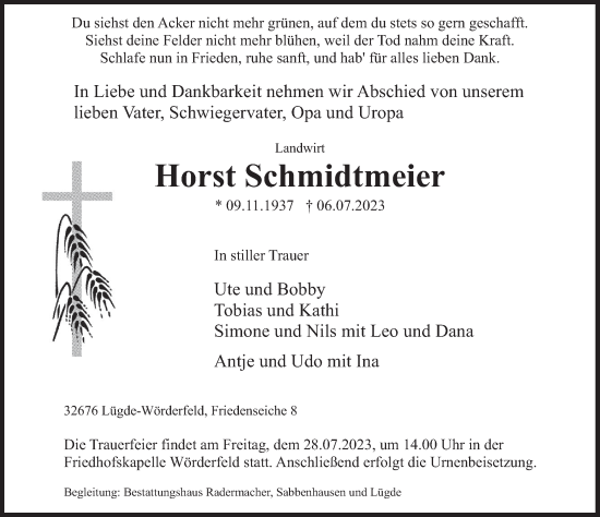 Traueranzeige von Horst Schmidtmeier von Deister- und Weserzeitung