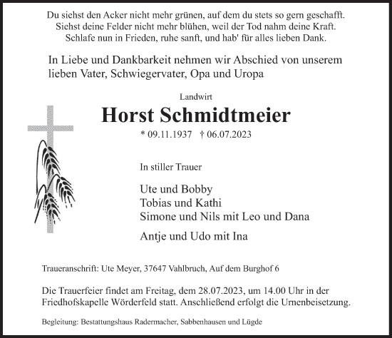 Traueranzeige von Horst Schmidtmeier von Deister- und Weserzeitung