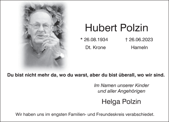 Traueranzeige von Hubert Polzin von Neue Deister-Zeitung