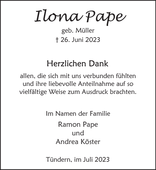 Traueranzeige von Ilon Pape von Deister- und Weserzeitung