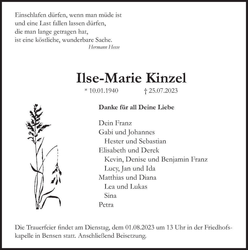  Traueranzeige für Ilse-Marie Kinzel vom 29.07.2023 aus Deister- und Weserzeitung
