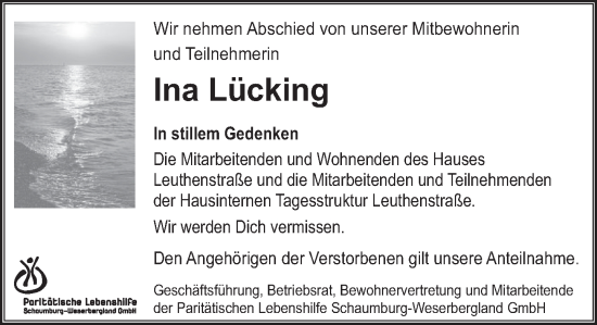 Traueranzeige von Ina Lücking von Deister- und Weserzeitung