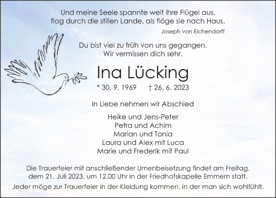 Traueranzeige von Ina Lücking von Deister- und Weserzeitung