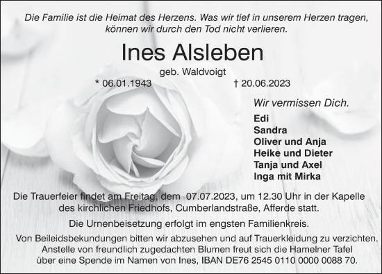 Traueranzeige von Ines Alsleben von Deister- und Weserzeitung