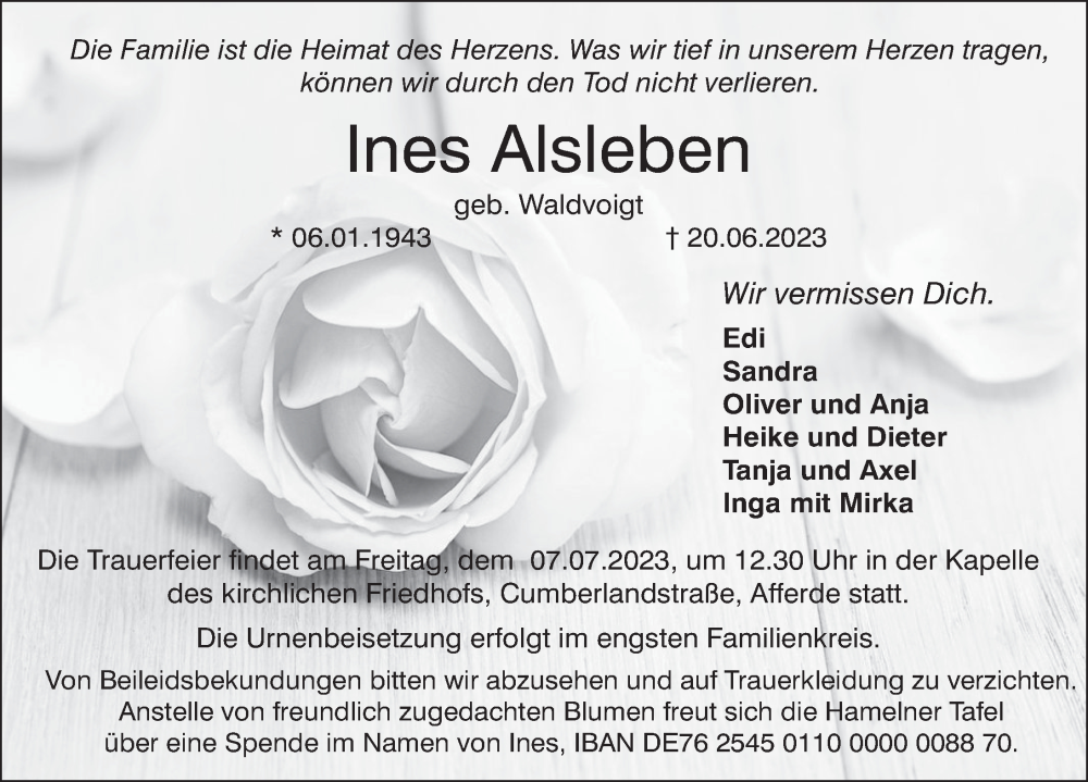  Traueranzeige für Ines Alsleben vom 01.07.2023 aus Deister- und Weserzeitung