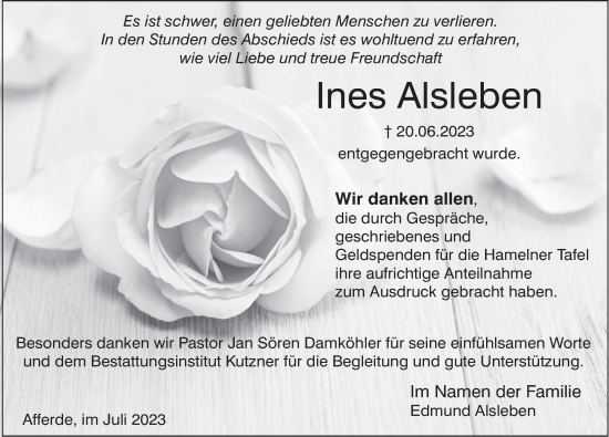 Traueranzeige von Ines Alsleben von Deister- und Weserzeitung