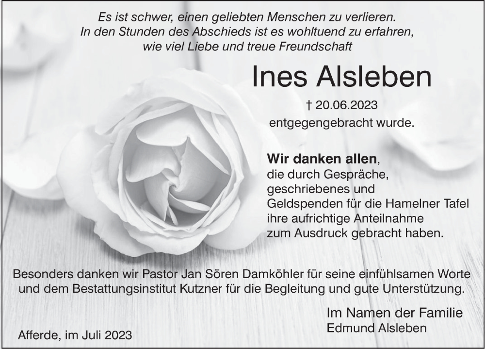  Traueranzeige für Ines Alsleben vom 29.07.2023 aus Deister- und Weserzeitung