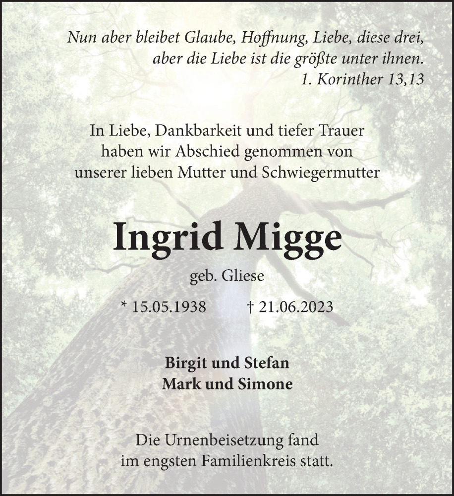  Traueranzeige für Ingrid Migge vom 15.07.2023 aus Neue Deister-Zeitung