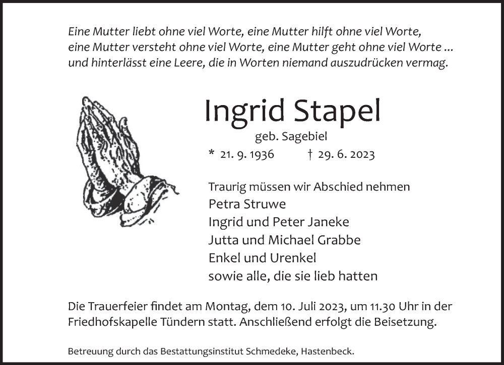  Traueranzeige für Ingrid Stapel vom 08.07.2023 aus Deister- und Weserzeitung