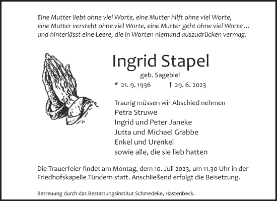 Traueranzeige von Ingrid Stapel von Deister- und Weserzeitung