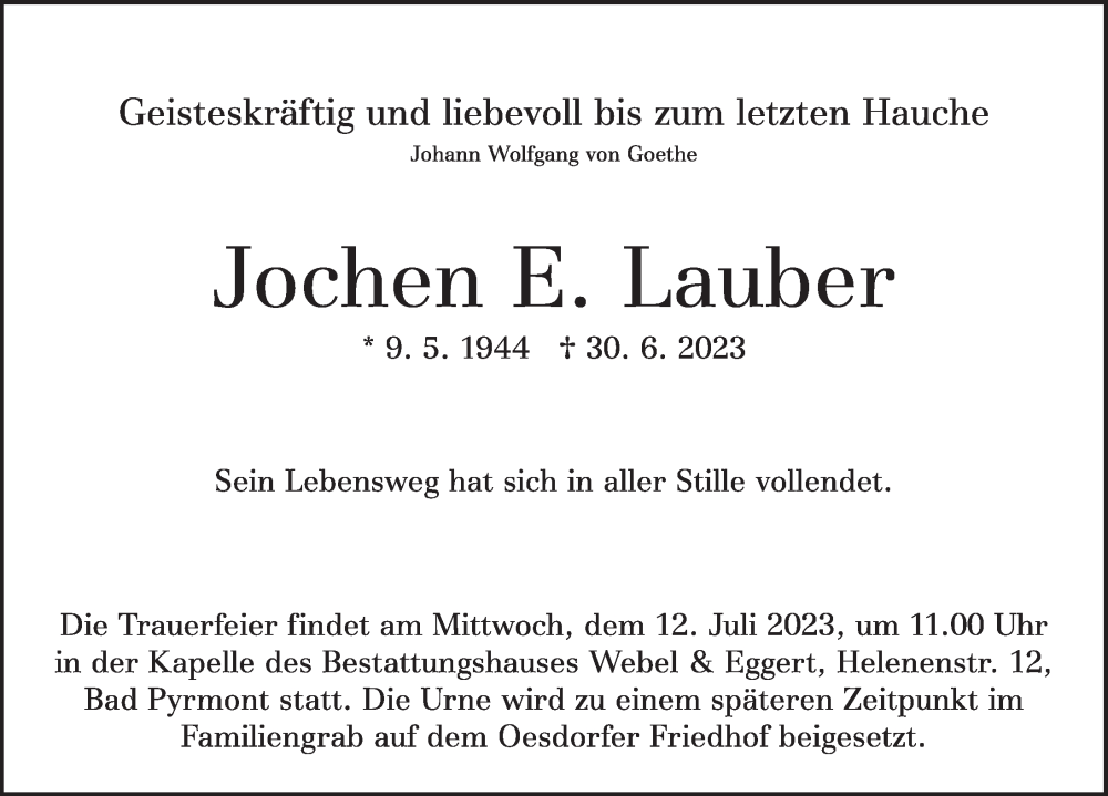  Traueranzeige für Jochen E. Lauber vom 08.07.2023 aus Deister- und Weserzeitung