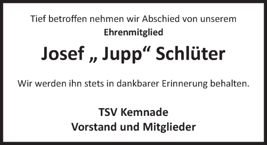Traueranzeige von Josef Schlüter von Deister- und Weserzeitung