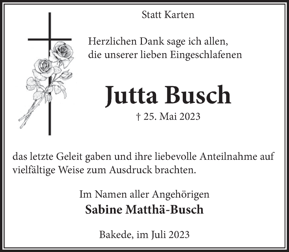  Traueranzeige für Jutta Busch vom 08.07.2023 aus Neue Deister-Zeitung