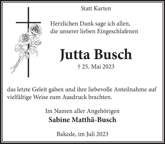 Traueranzeige von Jutta Busch von Neue Deister-Zeitung