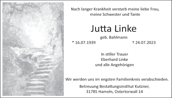 Traueranzeige von Jutta Linke von Deister- und Weserzeitung