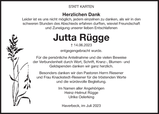 Traueranzeige von Jutta Rügge von Deister- und Weserzeitung