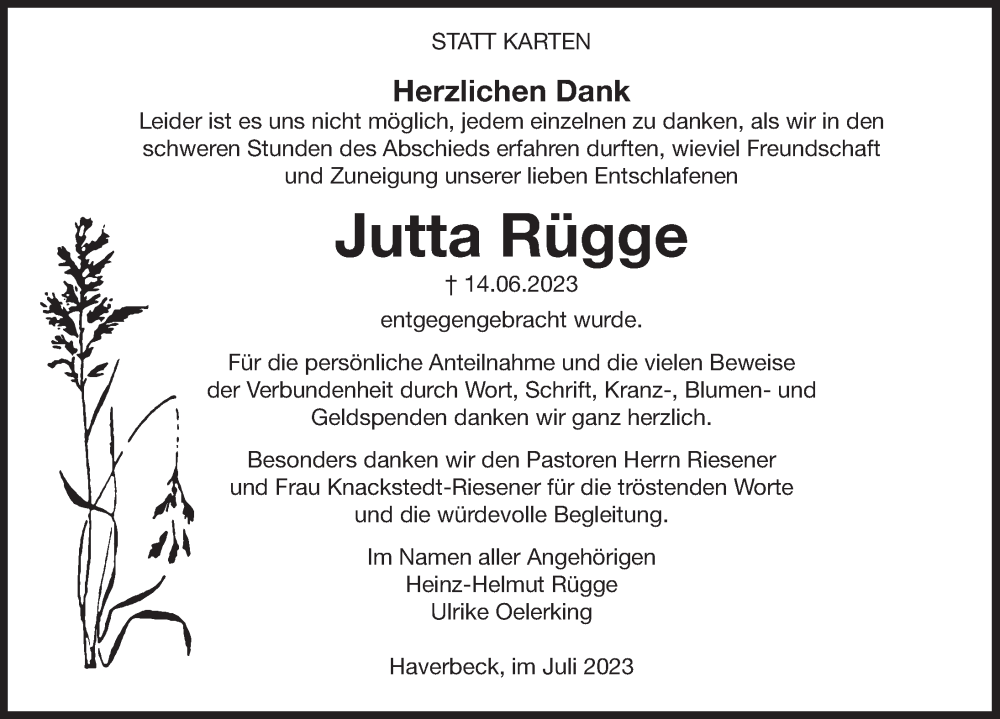  Traueranzeige für Jutta Rügge vom 08.07.2023 aus Deister- und Weserzeitung